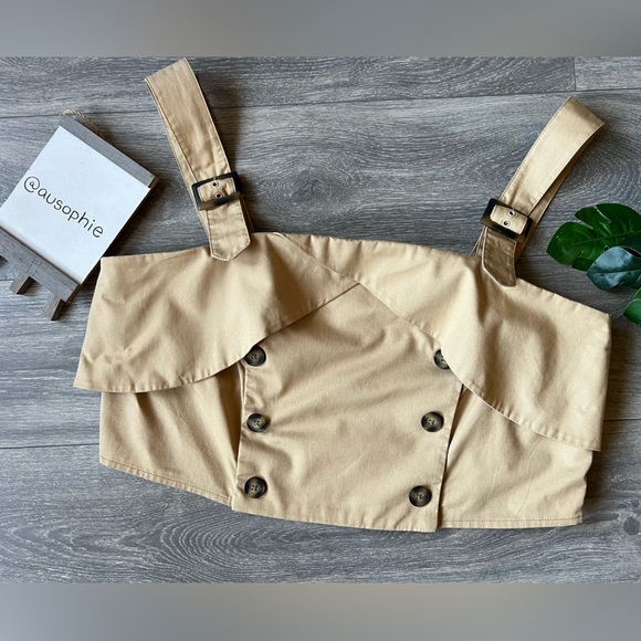 Anthropologie Eva Franco khakiTrench Buttoned Blouse with Straps Petite crop 20W - Picture 5 of 12